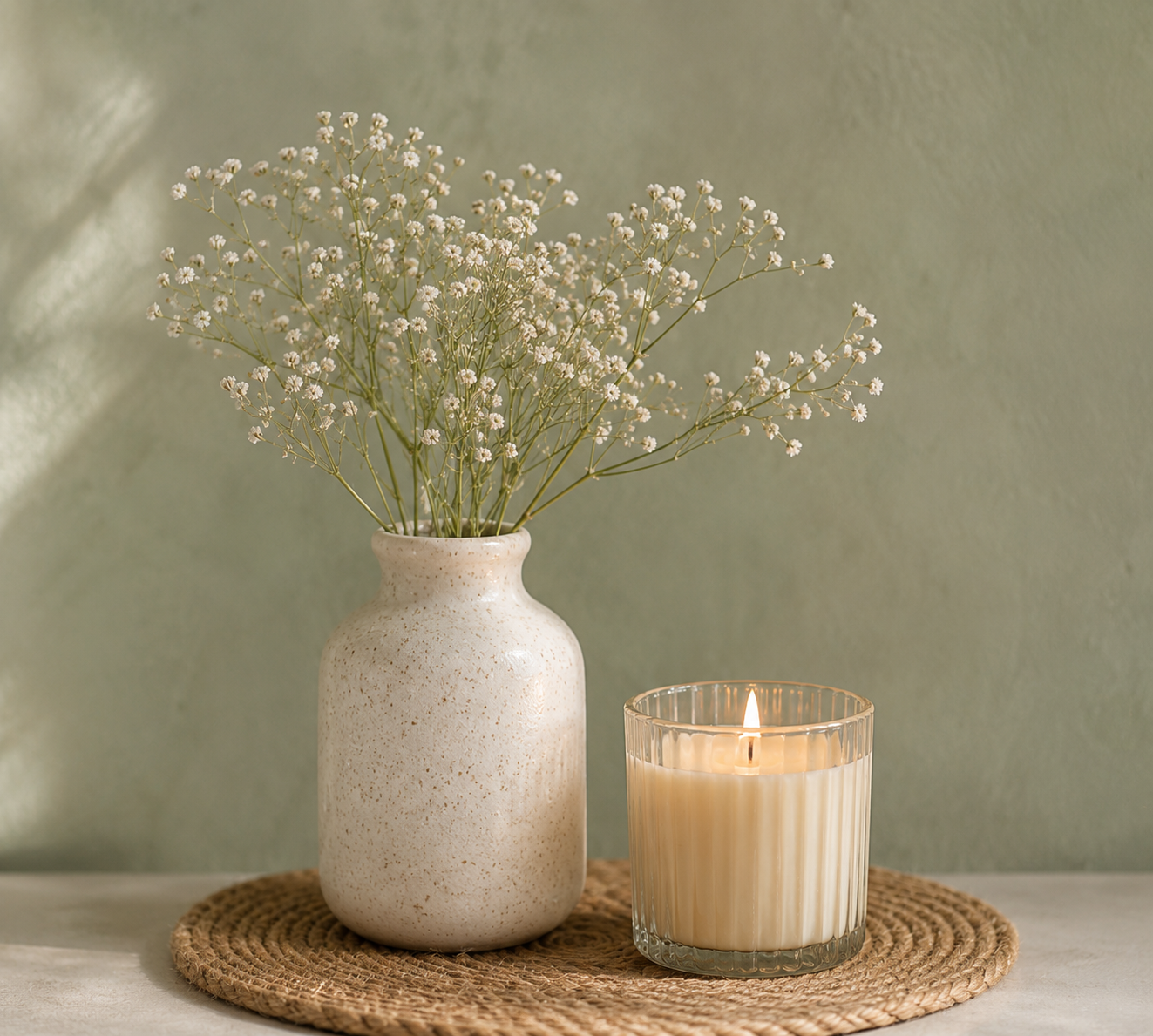 Ceramic vase with flowers and a glowing candle