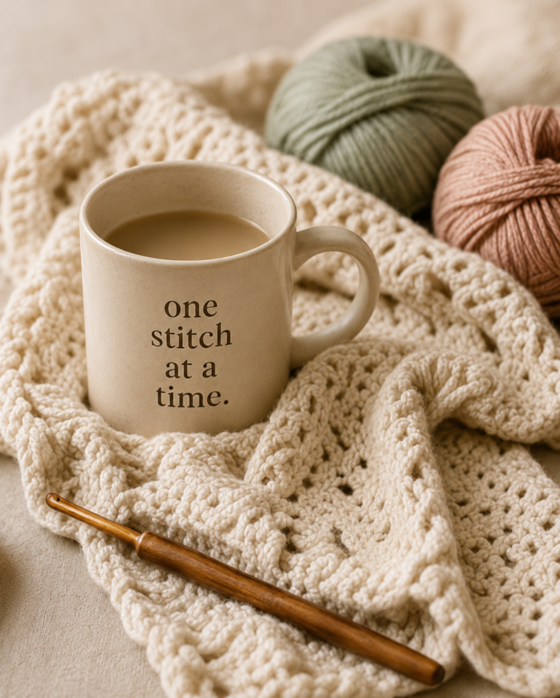 Crochet blanket, yarn and a warm cup of coffee
