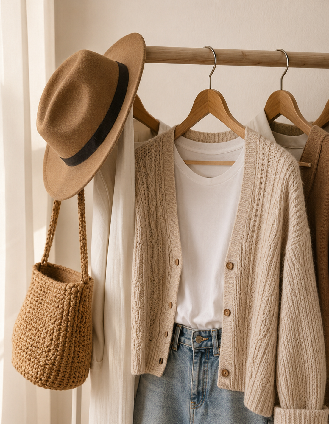 Warm neutral cardigan, jeans and crochet bag