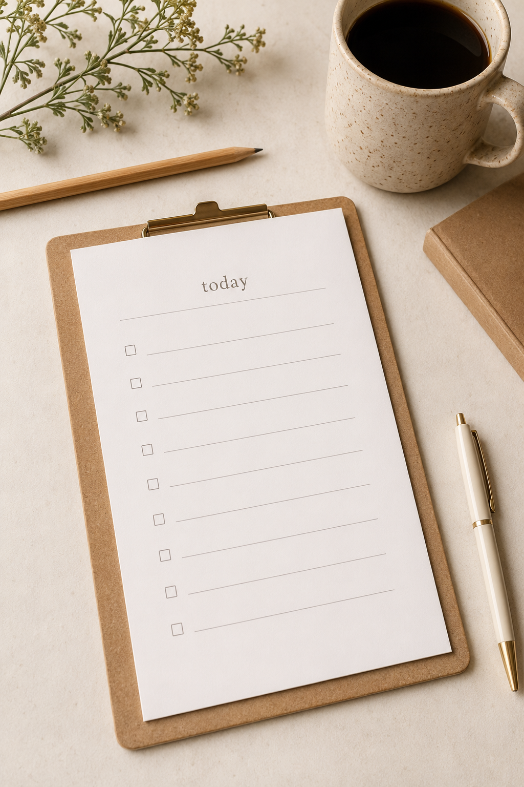 Minimal daily planner, pen and coffee on a wooden desk