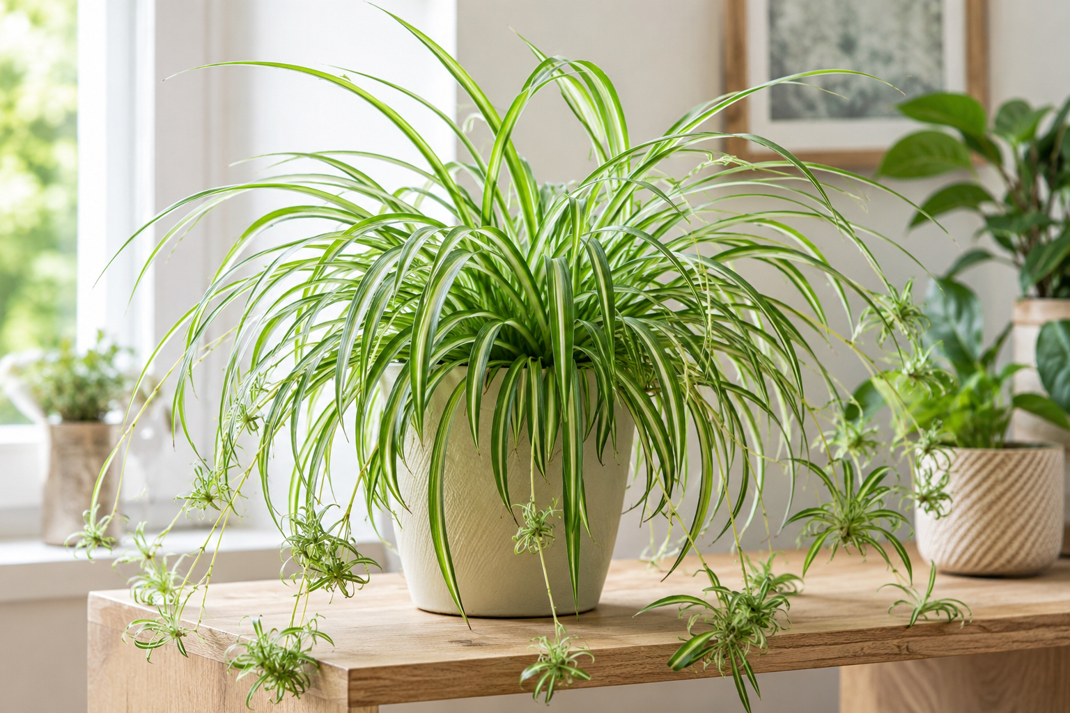 Healthy spider plant growing indoors near a bright window