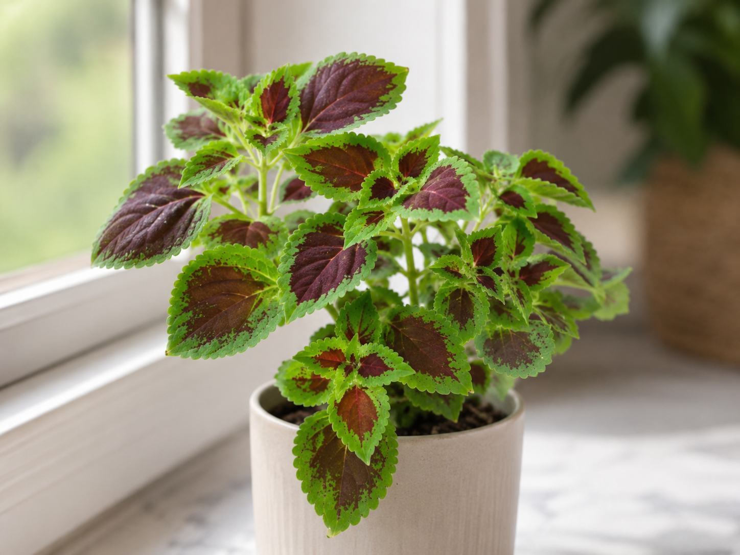 Colorful green and burgundy Coleus plant growing indoors