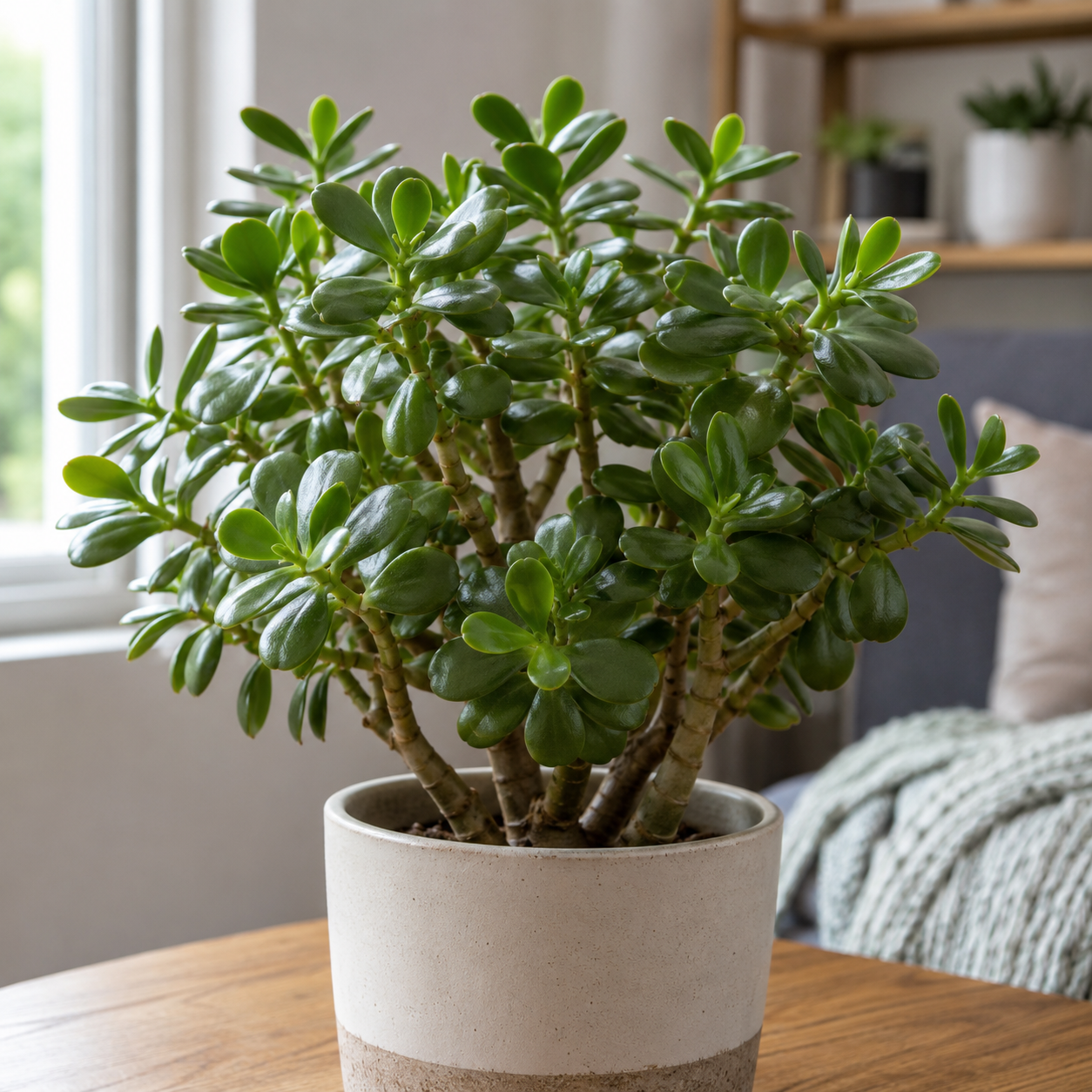 Healthy Jade Plant growing indoors in a ceramic pot