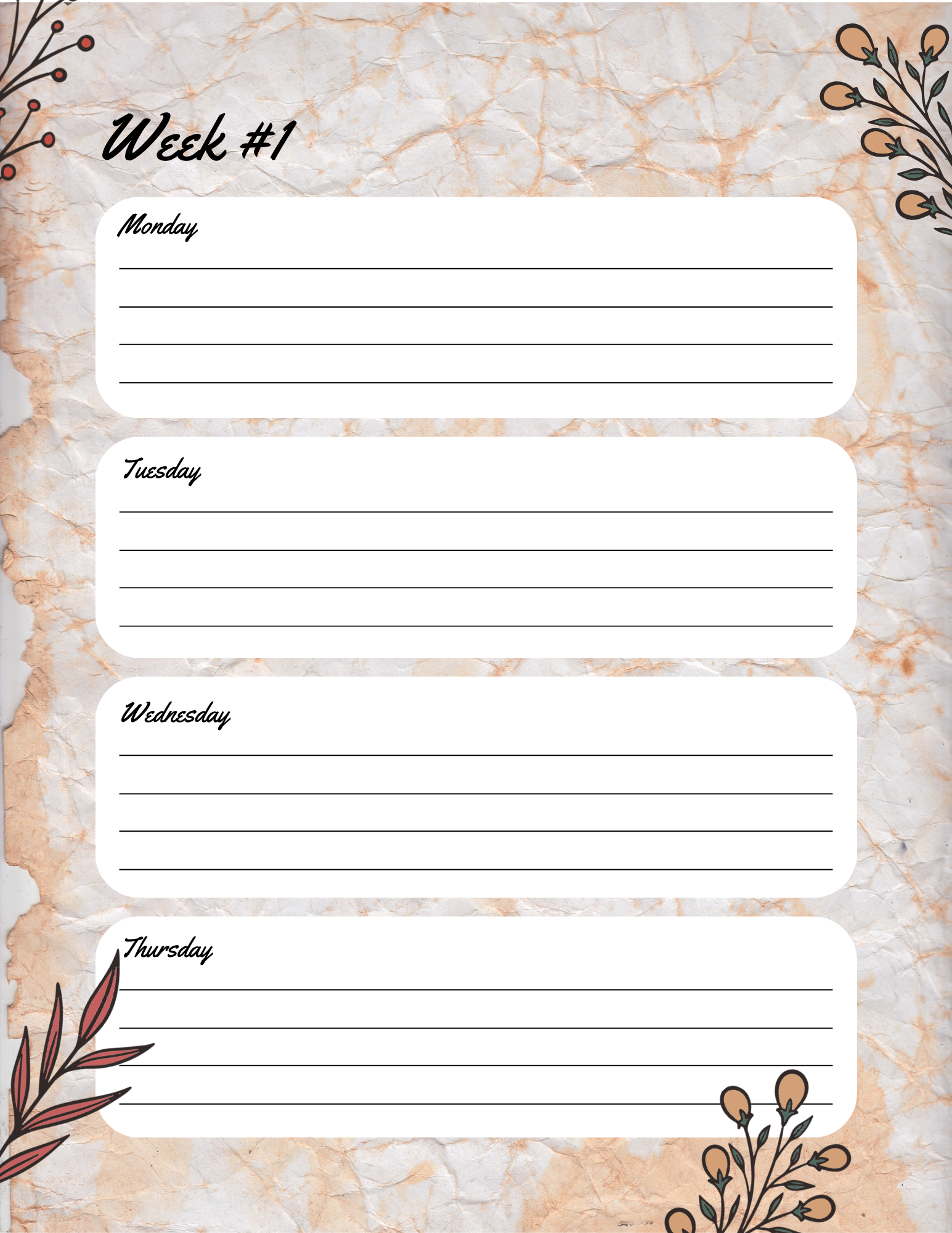 Weekly printable planner Monday through Thursday