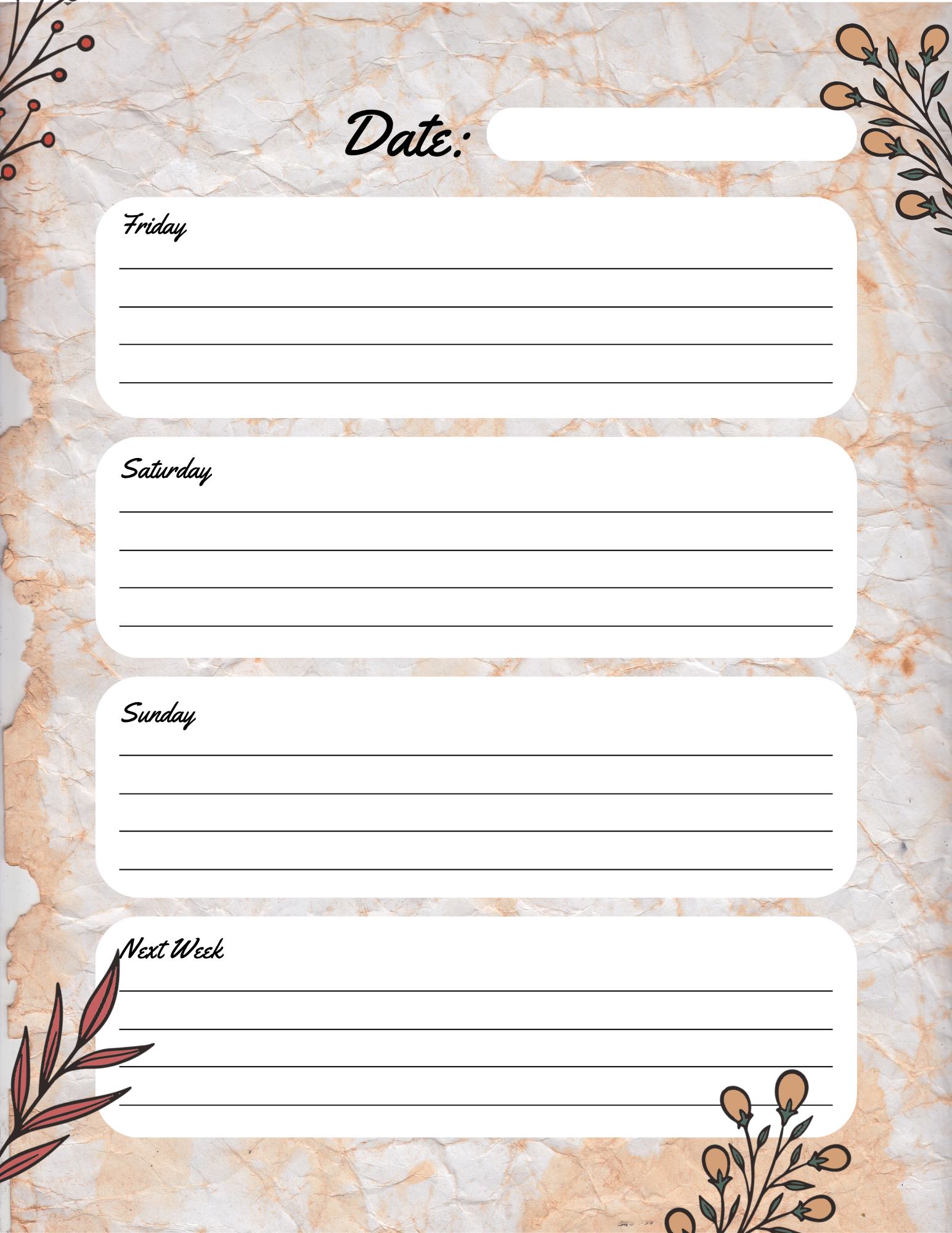 Weekly printable planner Friday through Sunday and next week