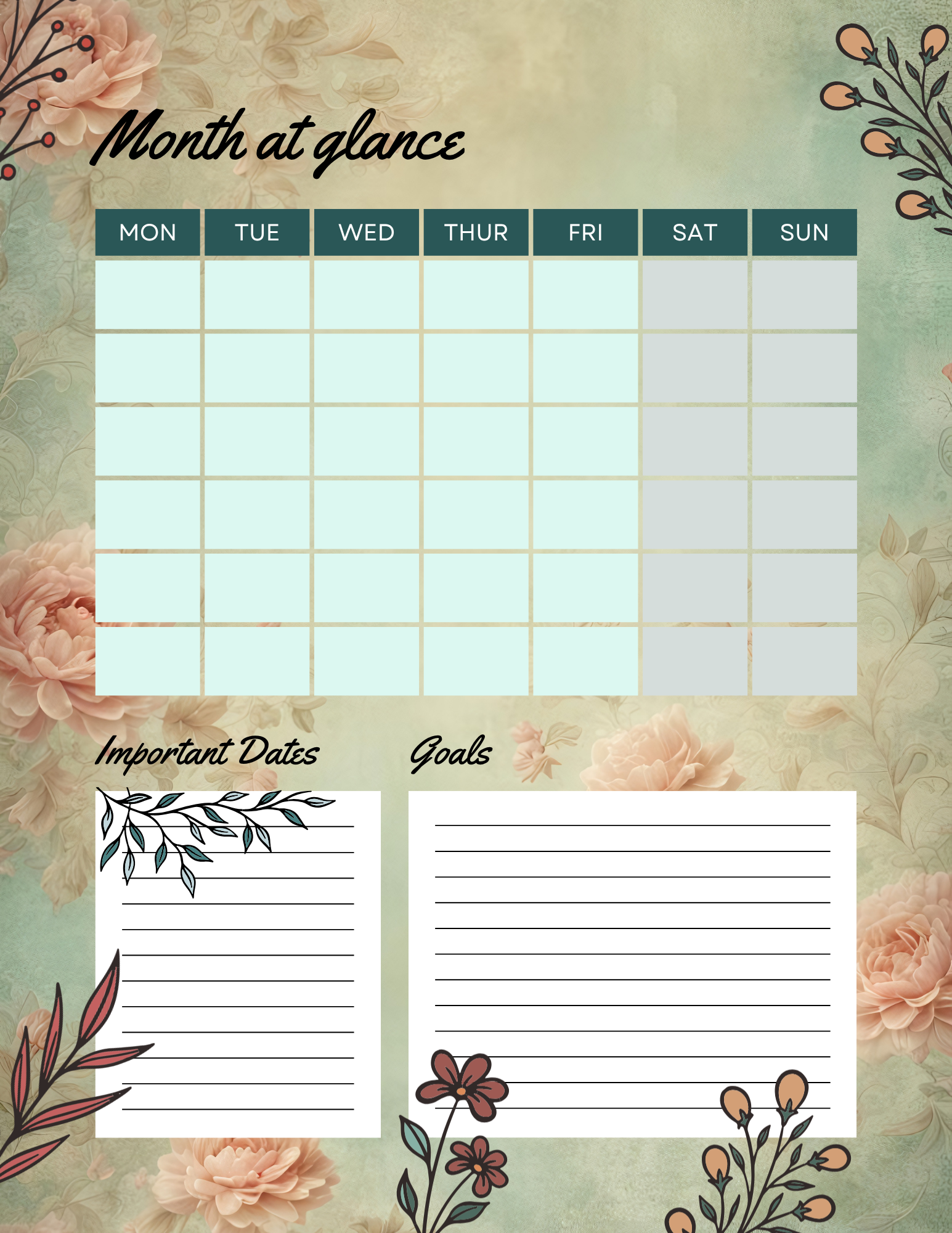 Month at a glance printable planner with important dates and goals