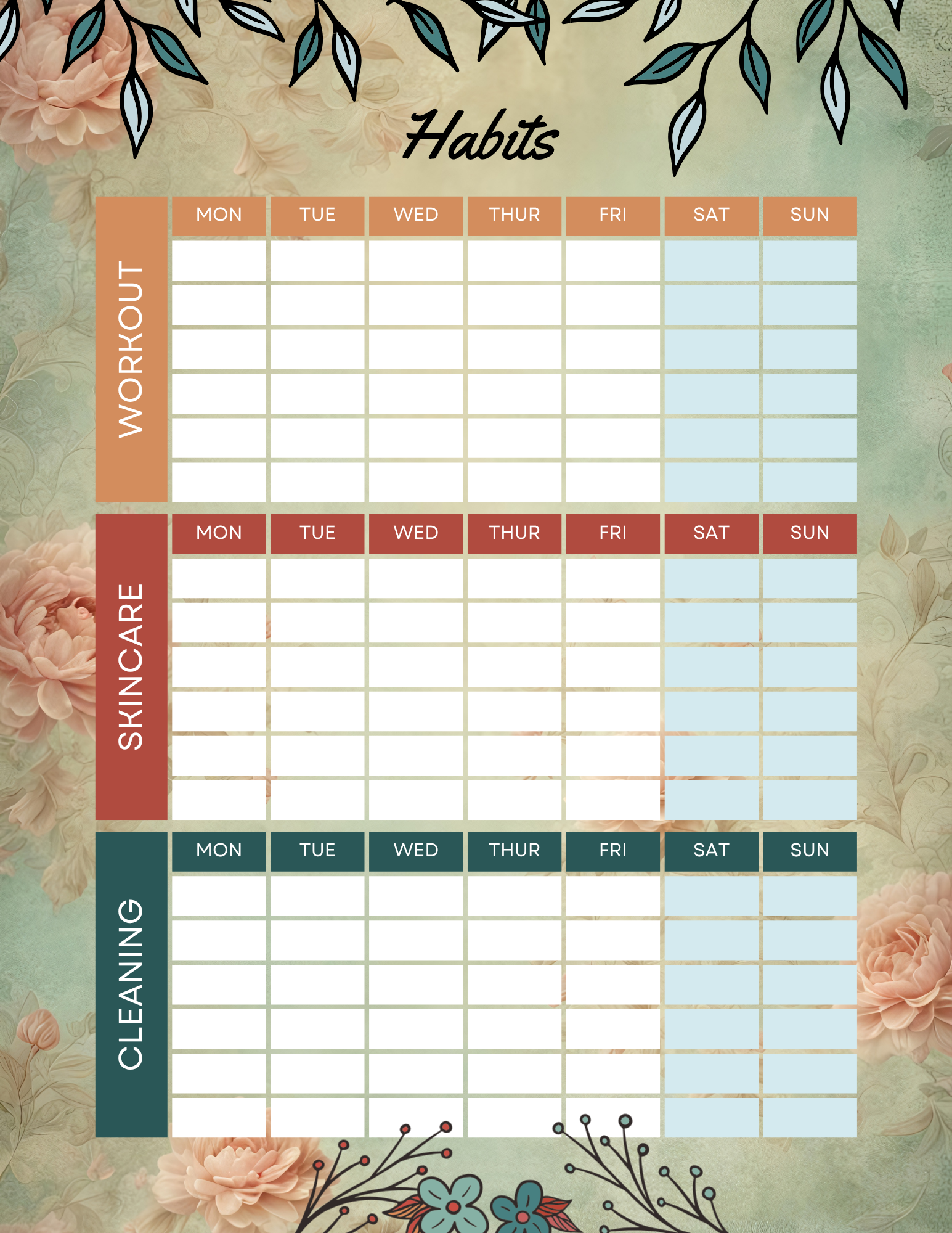 Weekly workout skincare and cleaning habit tracker printable