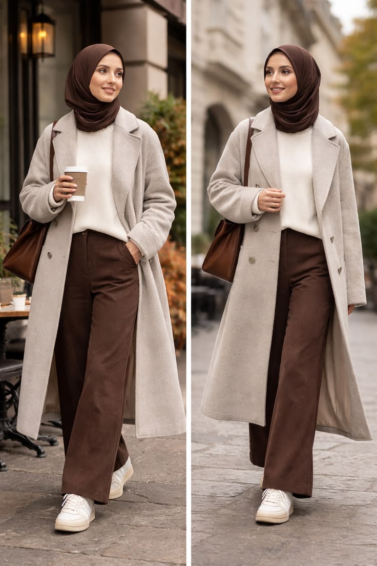Neutral modest outfit with beige coat and trousers