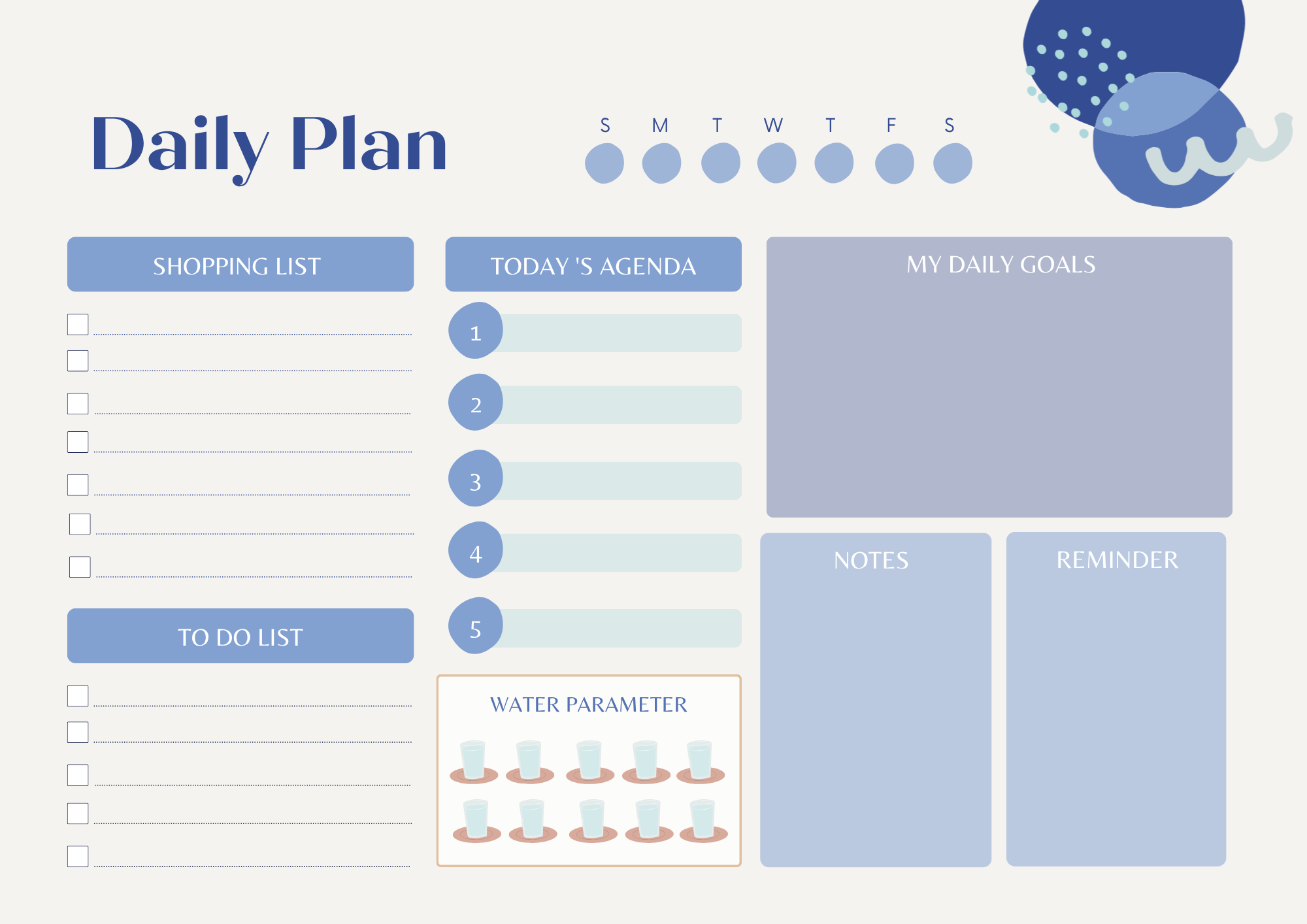 Blue landscape daily plan printable with agenda shopping list goals notes and reminders