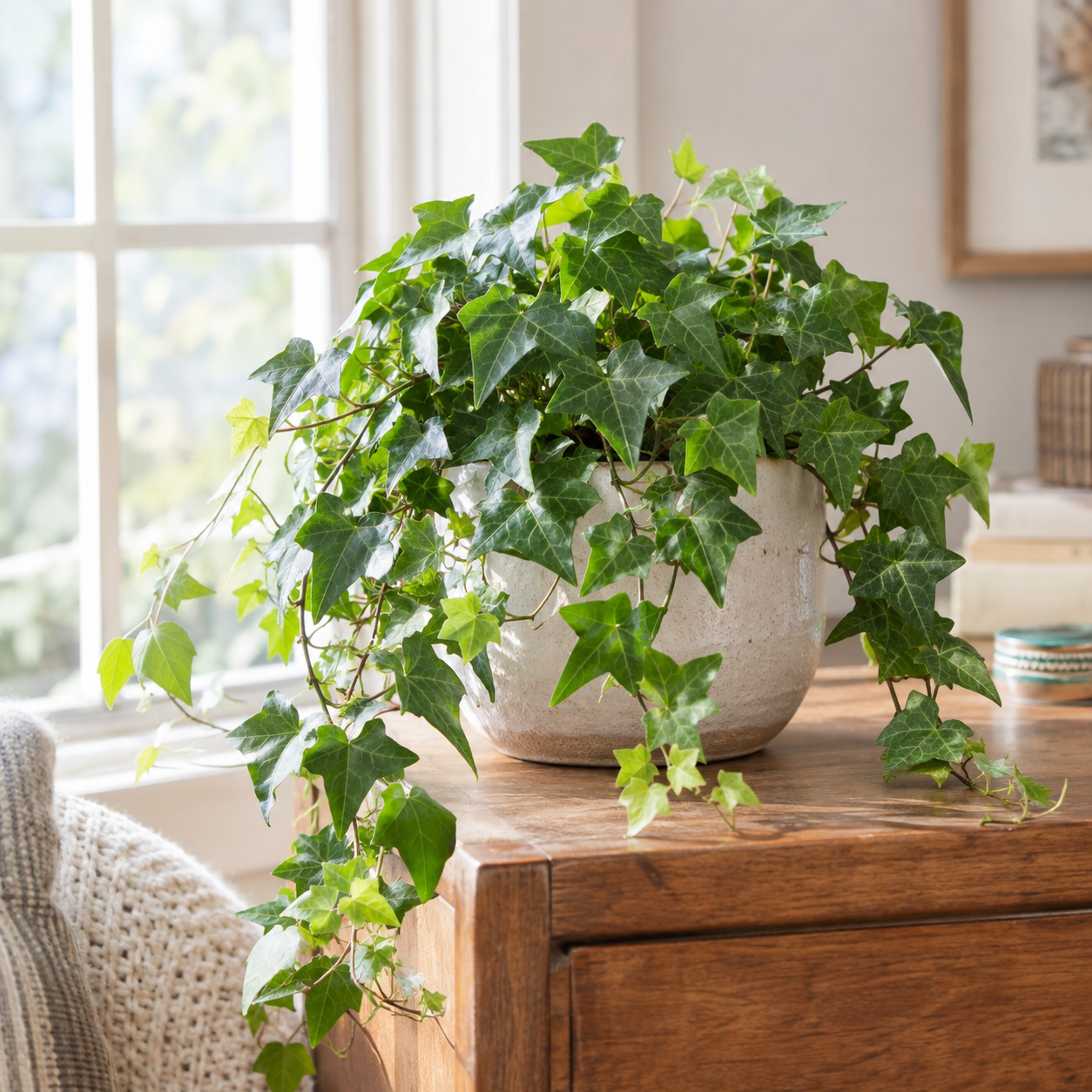 Healthy English Ivy plant growing indoors with trailing green vines