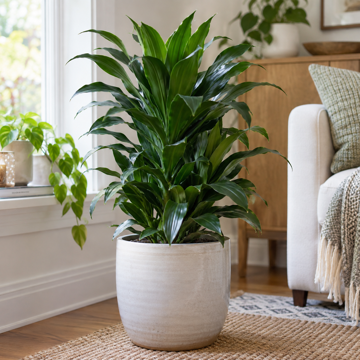 Healthy Dracaena Compacta growing indoors in a ceramic pot