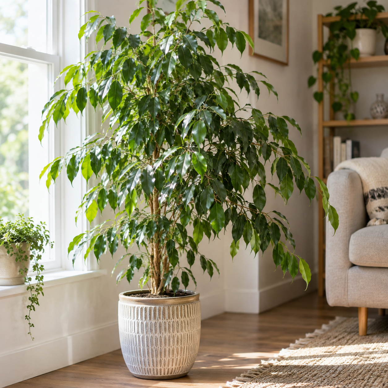 Healthy Weeping Fig Ficus benjamina growing indoors near a bright window