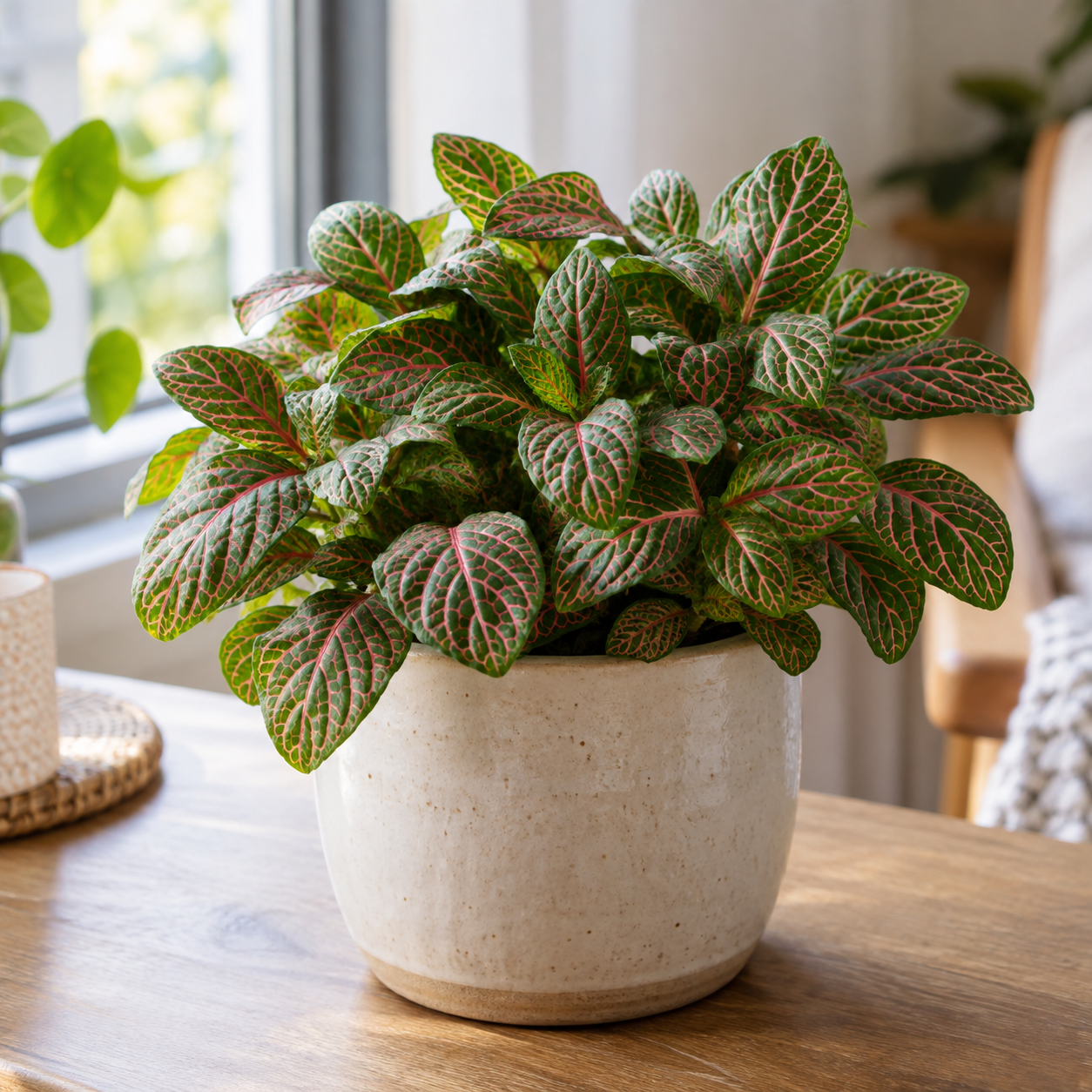 Healthy Fittonia Nerve Plant growing indoors with colorful veined leaves