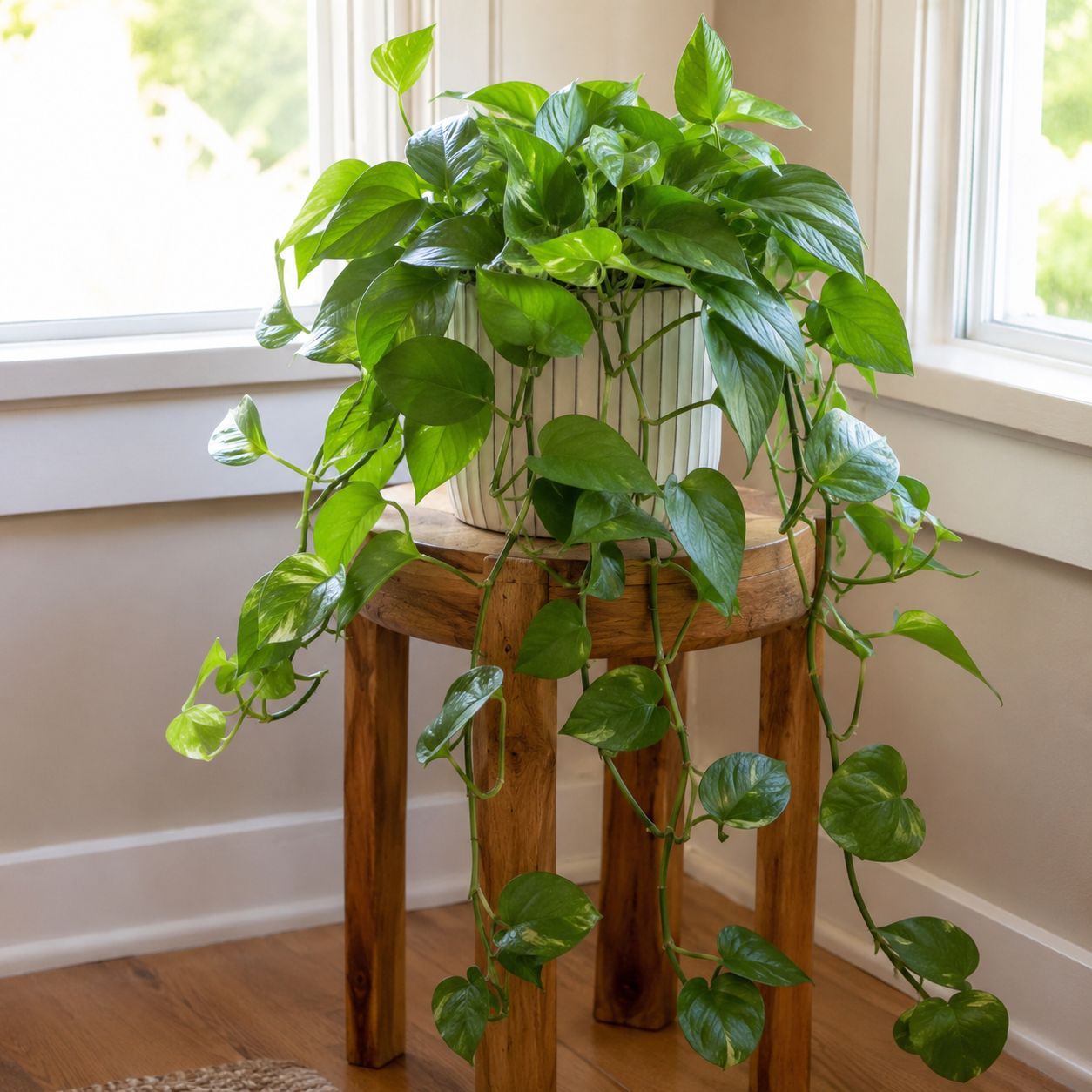 Healthy trailing Pothos plant growing indoors near a bright window