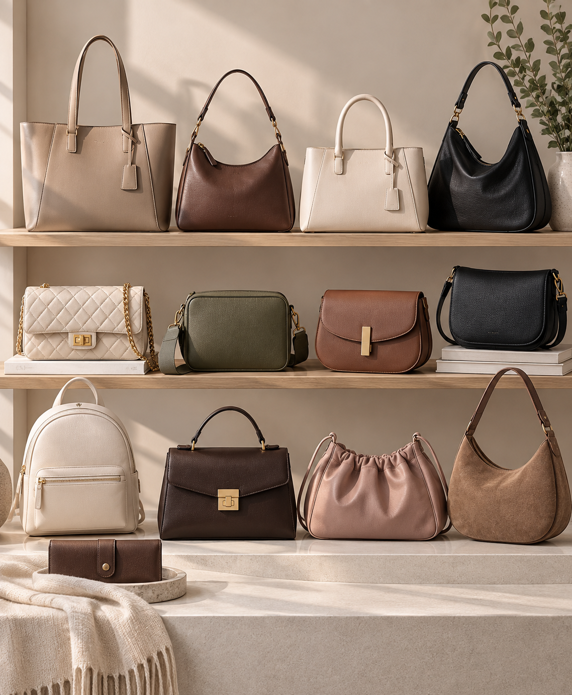 Neutral handbags for modest everyday outfits
