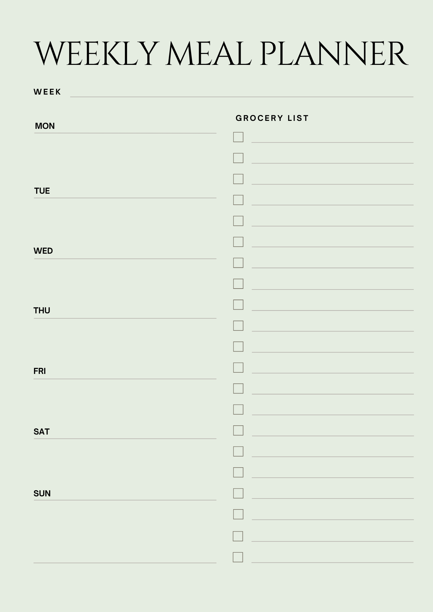 Minimal weekly meal planner with grocery list