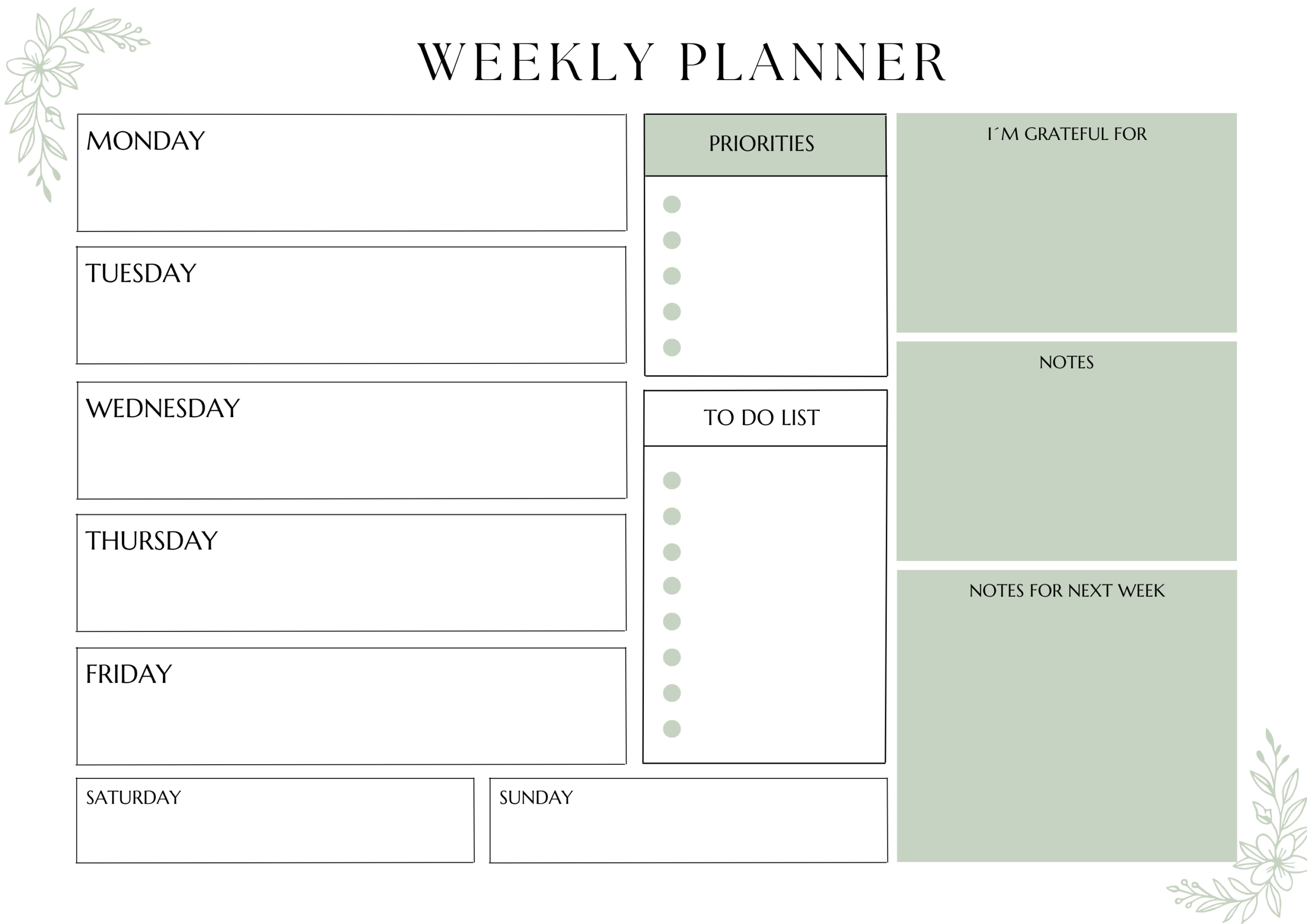 Sage green weekly planner printable