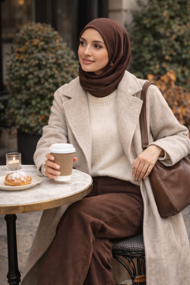 Beige coat and brown trousers modest outfit