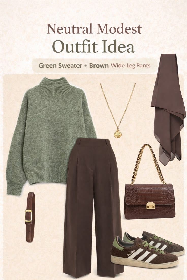 Green sweater brown wide leg pants neutral modest outfit lookbook