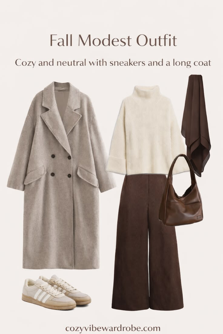 Warm neutral modest outfit with beige coat and brown trousers
