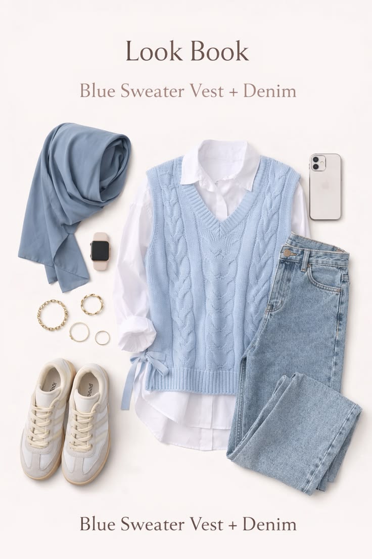 Blue sweater vest outfit with white button down shirt, light wash jeans and blue hijab