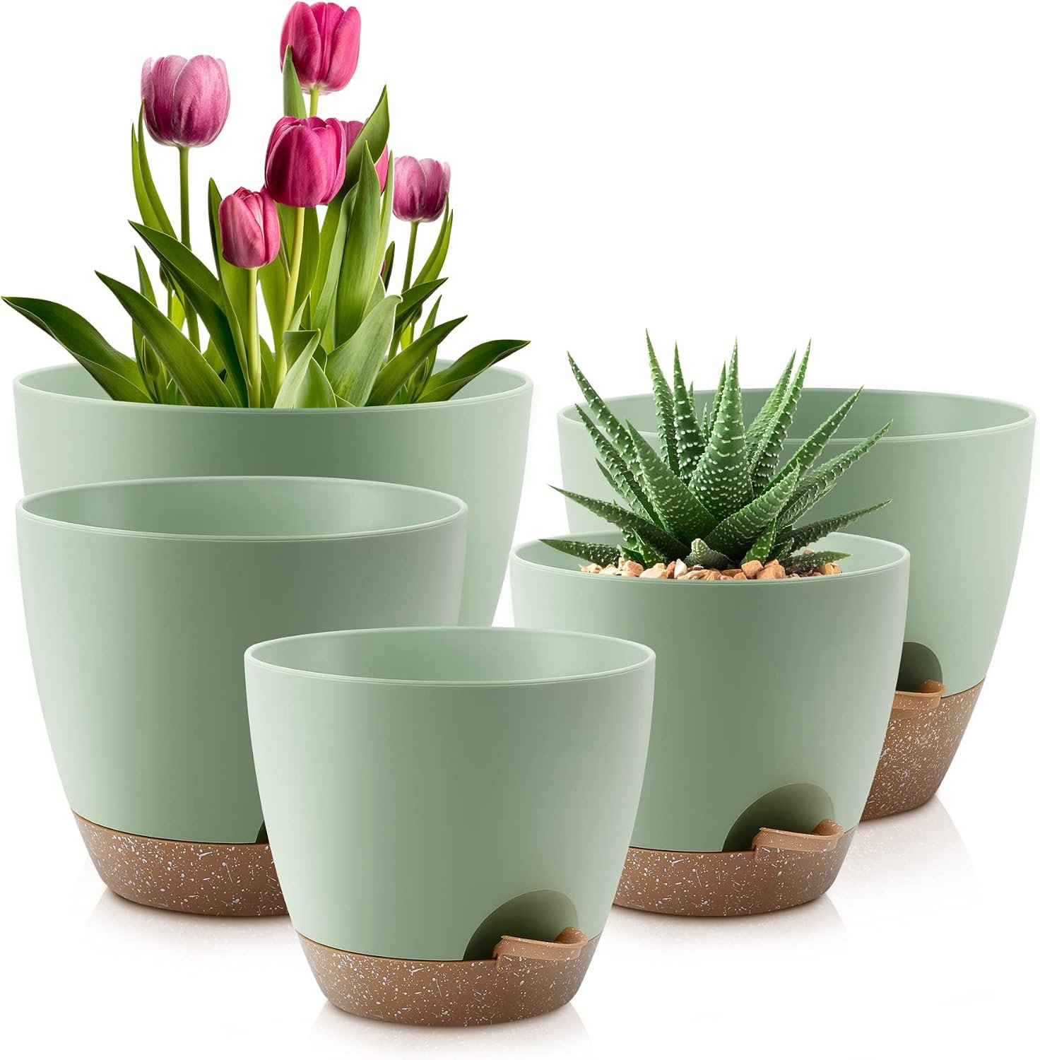 QRRICA green self watering plant pots set of five different sizes