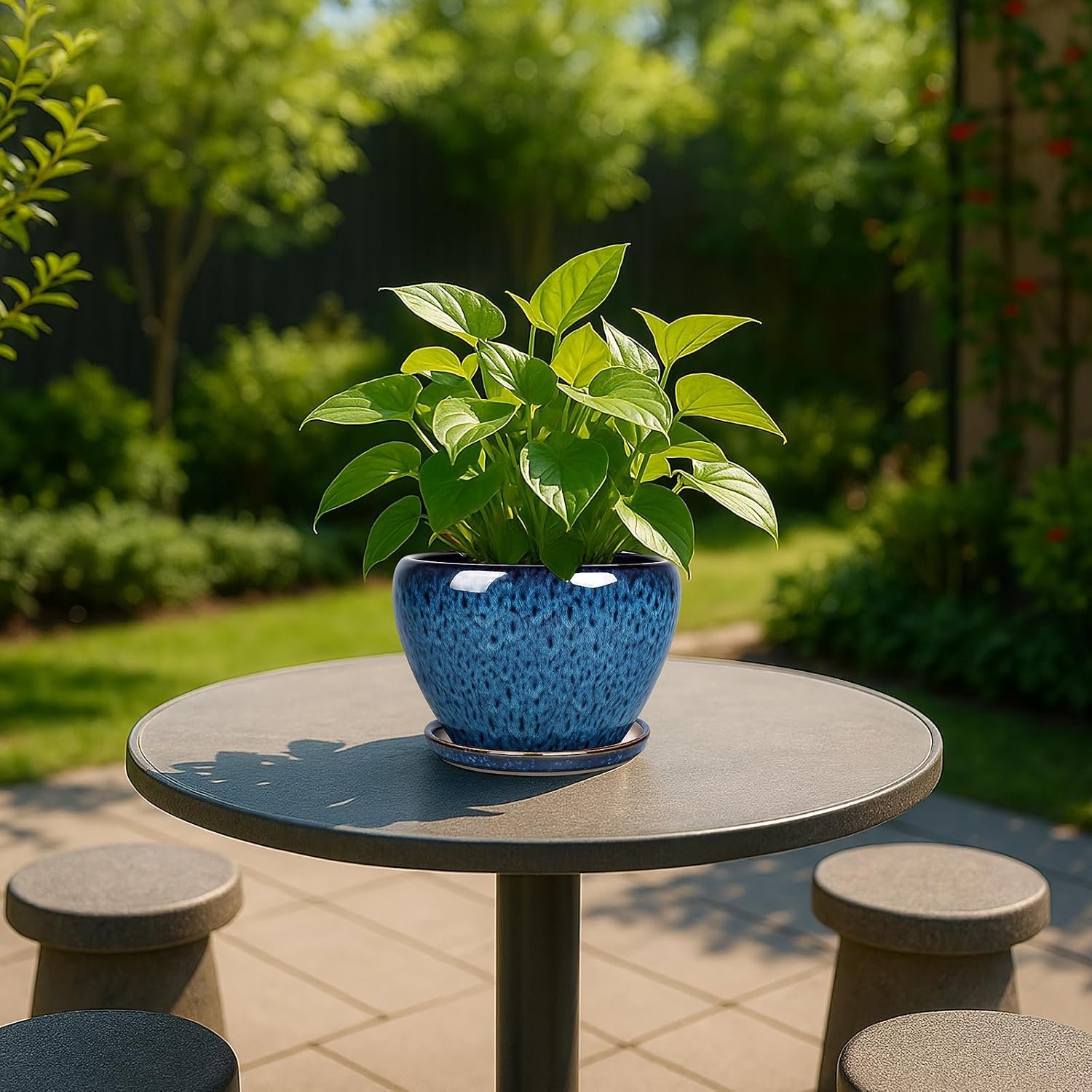 Deep Dream blue glazed ceramic plant pot with saucer