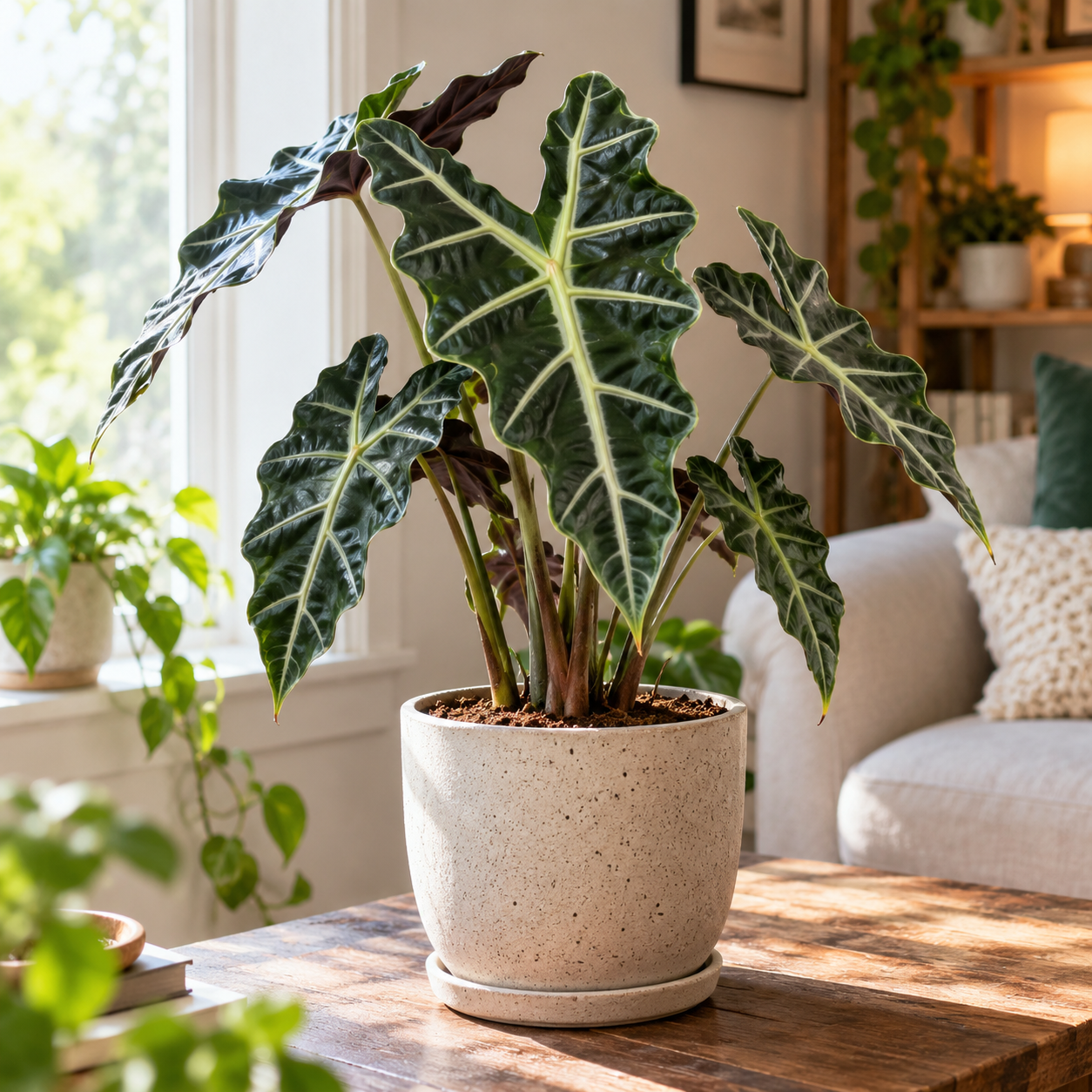 Healthy Alocasia Polly growing indoors