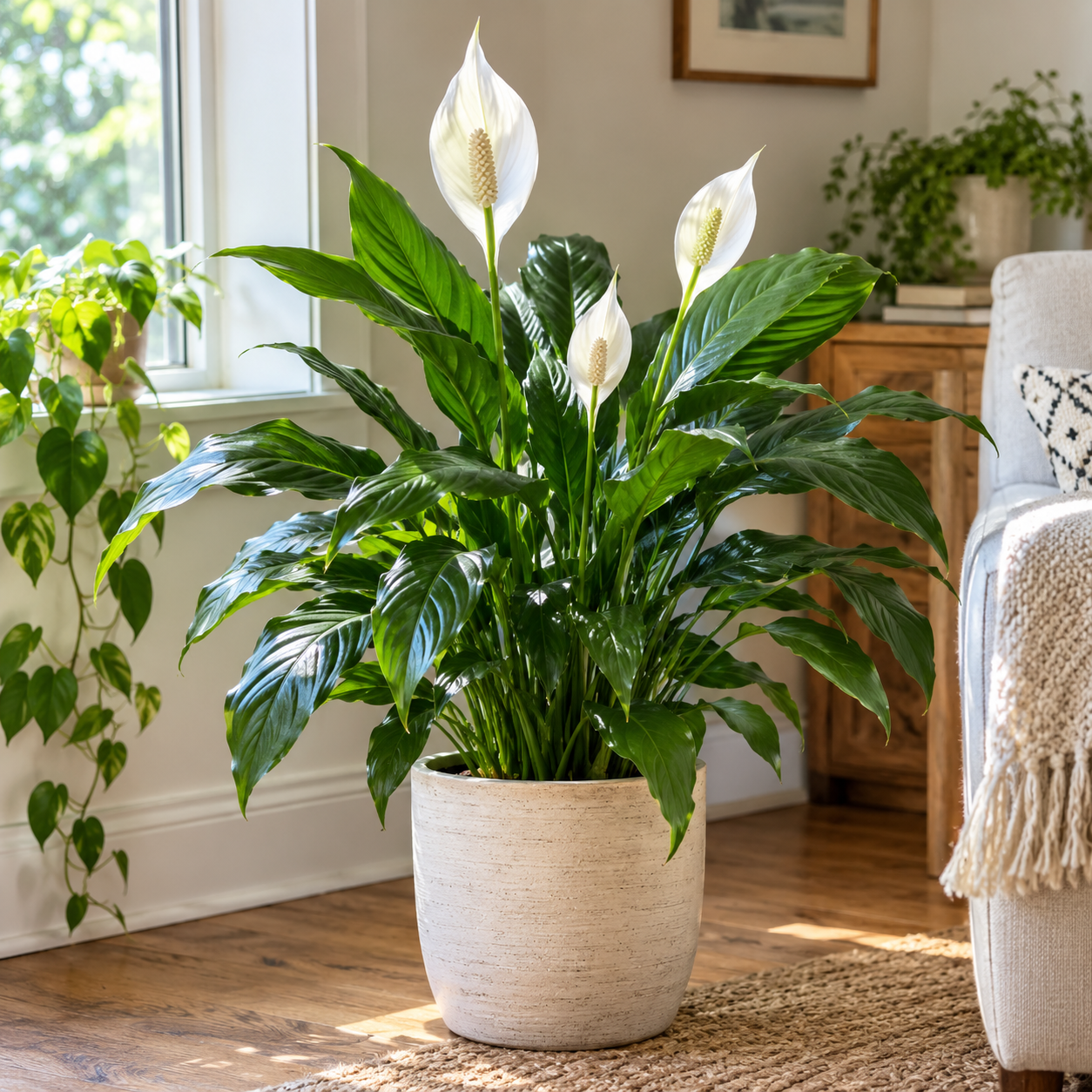 Healthy Peace Lily growing indoors with glossy green leaves and white flowers