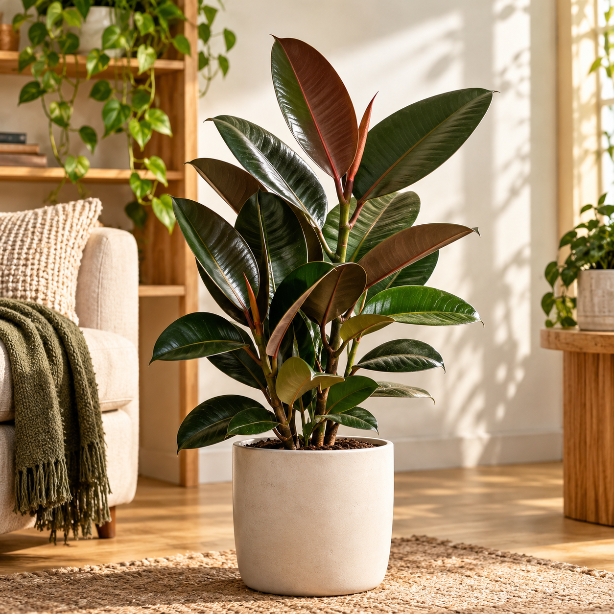 Healthy Rubber Plant Ficus elastica growing indoors