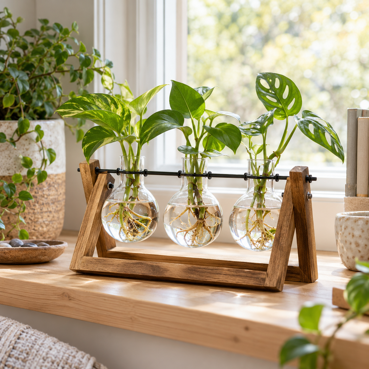 Wooden glass plant propagation station with three vases for houseplant cuttings